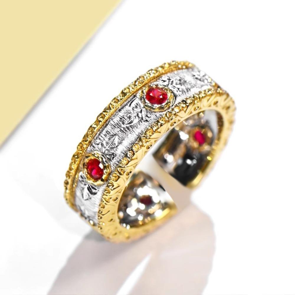 Italian Baroque Open Ring Red Corundum Vintage Elegant Engraved Gold Lace Beaded Edge Women Finger Ring adjustable