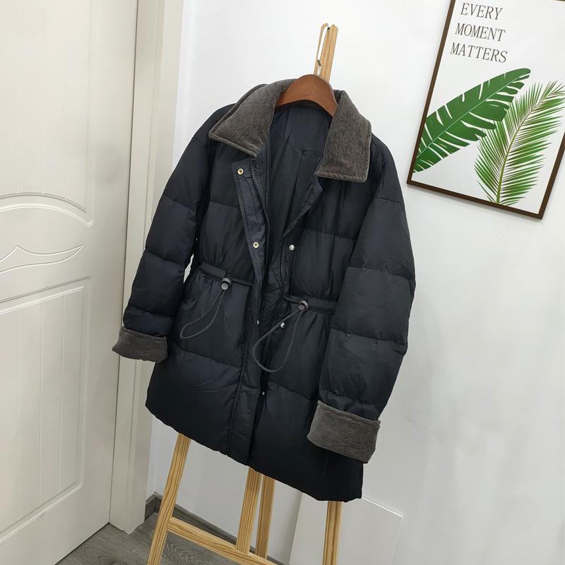 

Women s Mid-Length Corduroy Lapel Slimming White Duck Down Coat