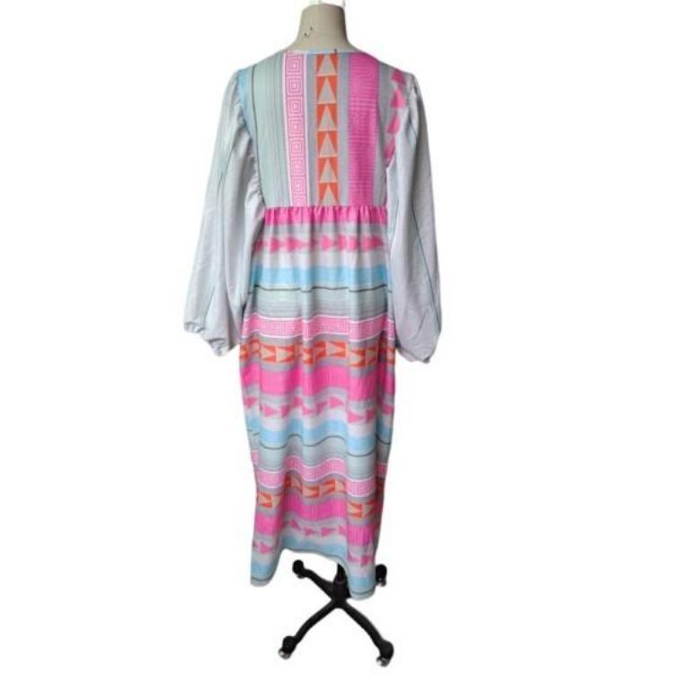 Bohemian Spring Summer Women Casual Dress Geometric Print Maxi Dress with V Neck Lantern Sleeves Loose Female Clothes