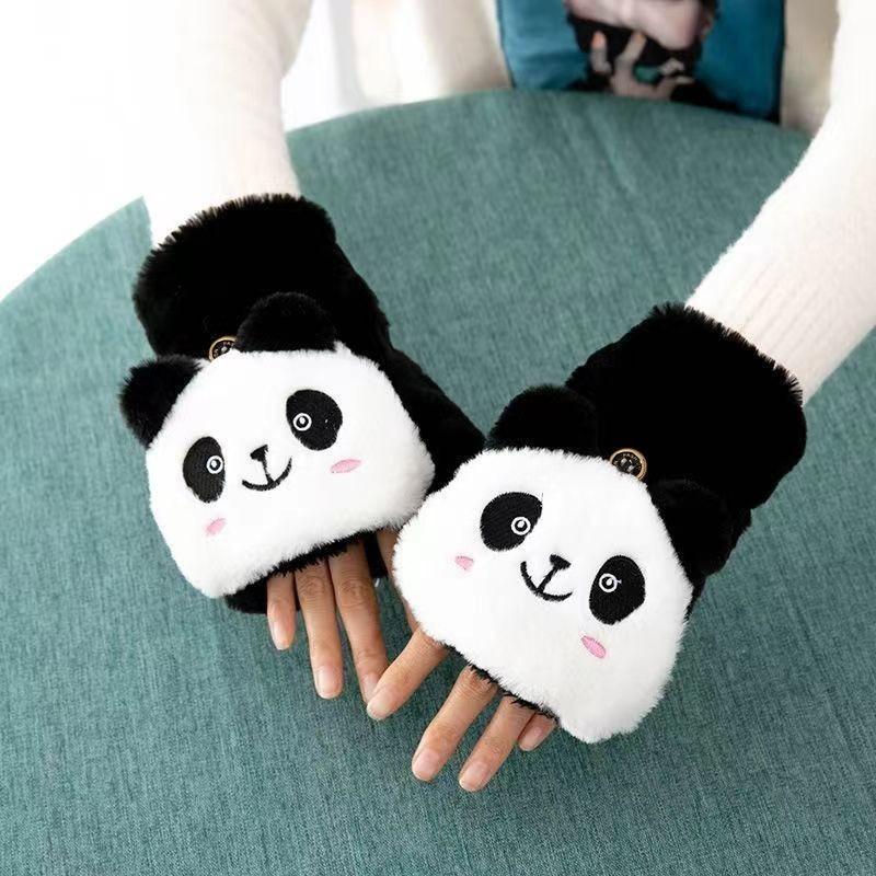 Women Plush Warm Glove Lovely Rabbit Cat Panda Mittens Flip Fingerless Glove Soft Girls Thick Gloves Flexible Half Finger Winter