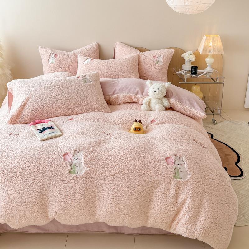 Winter A-class Lamb Plush Cute Rabbit Plush Embroidered Four Piece Set Thick Warm Duvet Cover Double-sided Plush Bedroom Bedding
