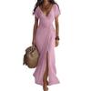 Womens Solid Color V Neck Waist Cinched Split Long Chiffon Dress Elegant Design Lightweight Fabric Comfortable Fit