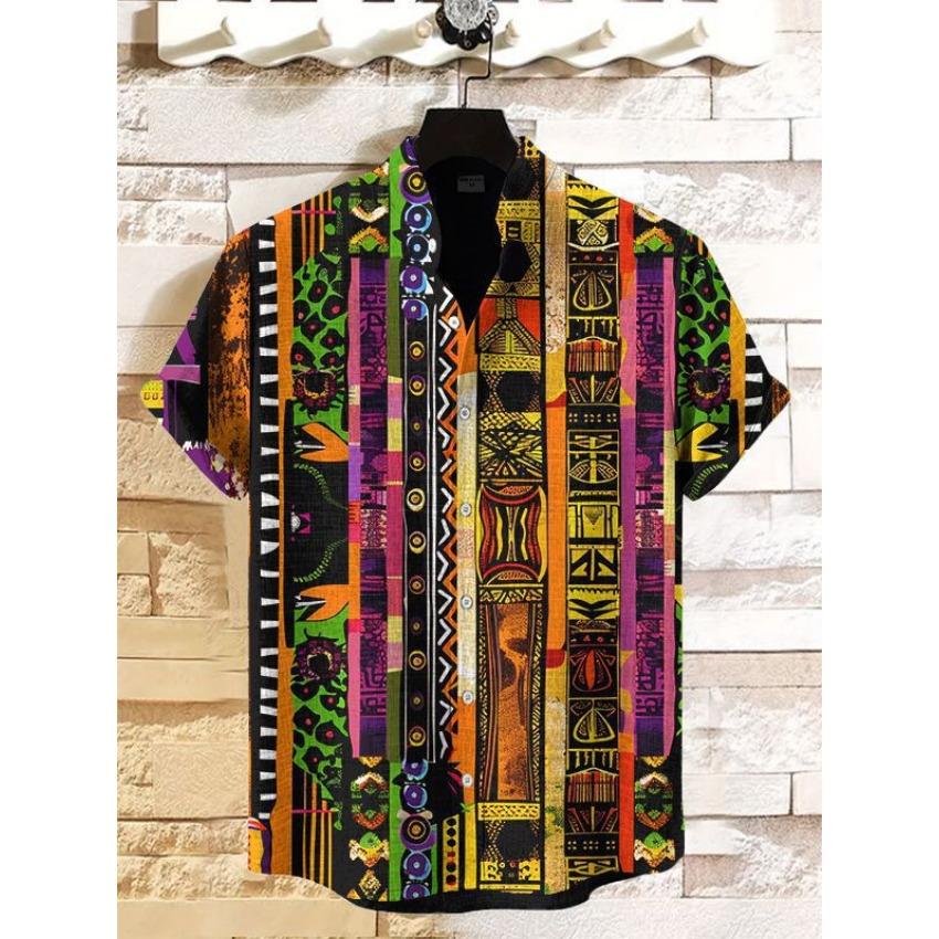 

2025 Винтаж Африканский Стиль Мужские Ретро Этнические Племенные Рубашки С Коротким Рукавом Топы Модные Повседневные Уличные Мужские Рубашки Для Отдыха 3XL