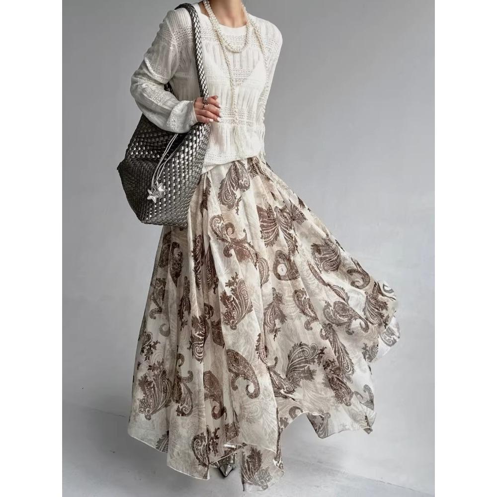 DIMANAF 2026 Summer Women New Skirts Flower Vintage Elastic Pleated Elegant White Skirts High Waist