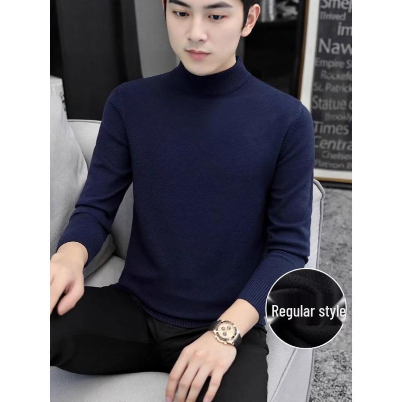 Men's Thick Knit Wool Sweater - Half-High Neck, Warm Base Layer for Autumn & Winter