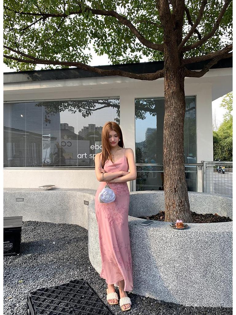 2026 Spring/Summer Pink Bamboo Rhyme Spaghetti Strap Long Dress for Women