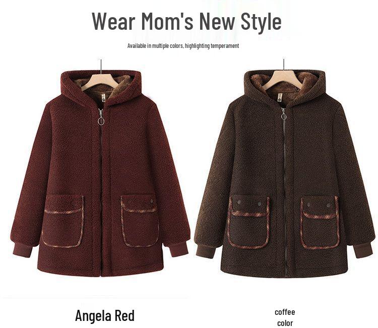 Mom's Plus Size Hooded Fleece-Lined Winter Coat for Middle-Aged and Elderly Women - Lambswool Padded Jacket