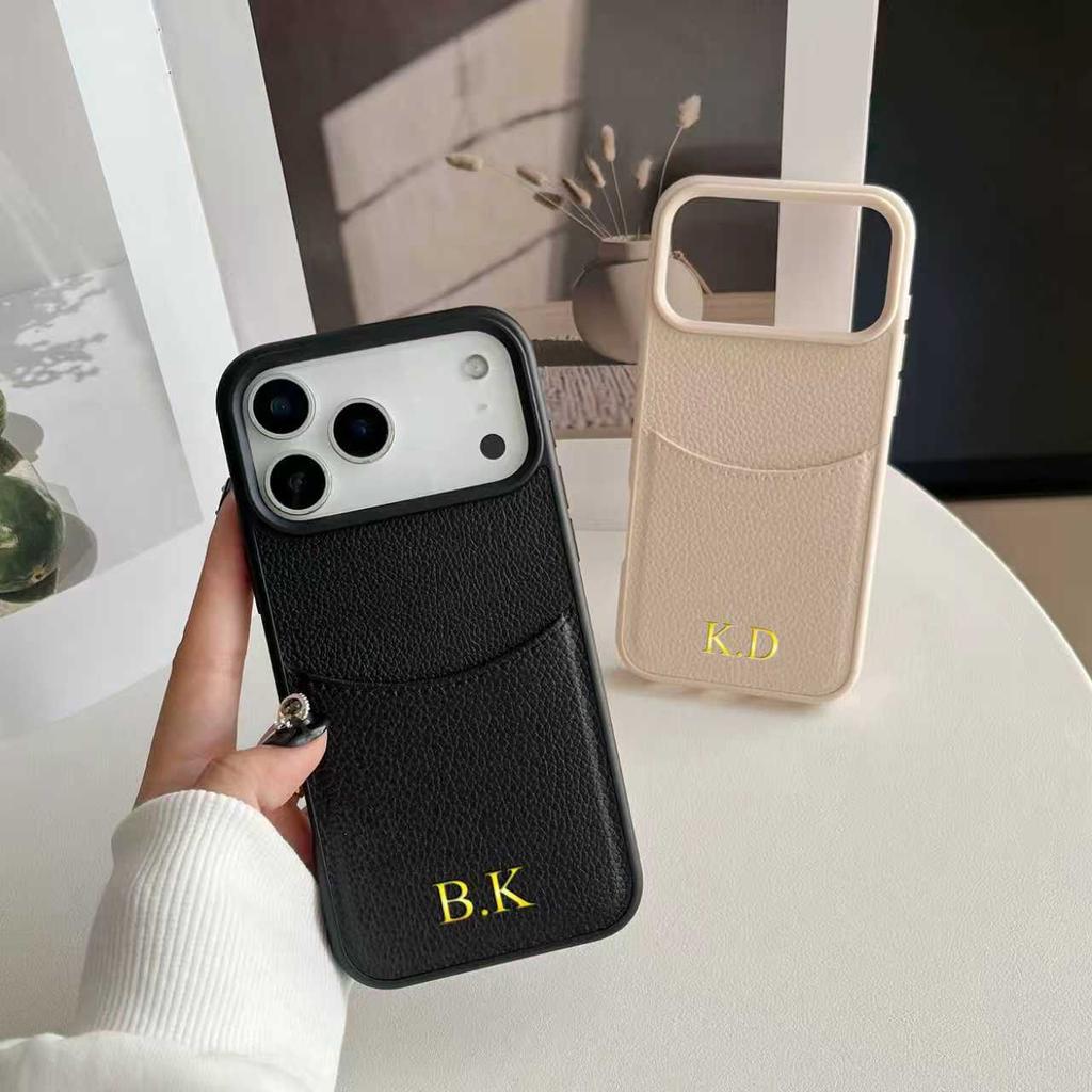 Personalized Custom Name Insert Card Case for iPhone 12 13 14 15 16 17 Pro Max Plus Air PU Leather Gold Hot Foil Stamping