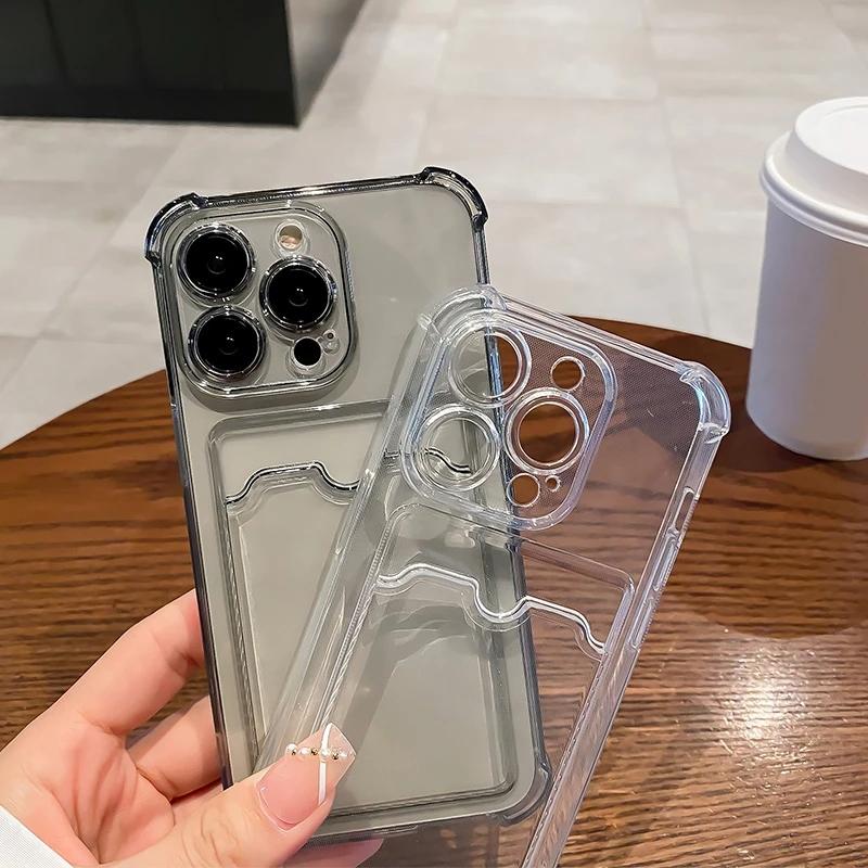 Transparent Card Slot Bag Holder Phone Case For iPhone16 15 14 13 12 11 Pro Max Clear Wallet Silicone Shockproof Back Cover