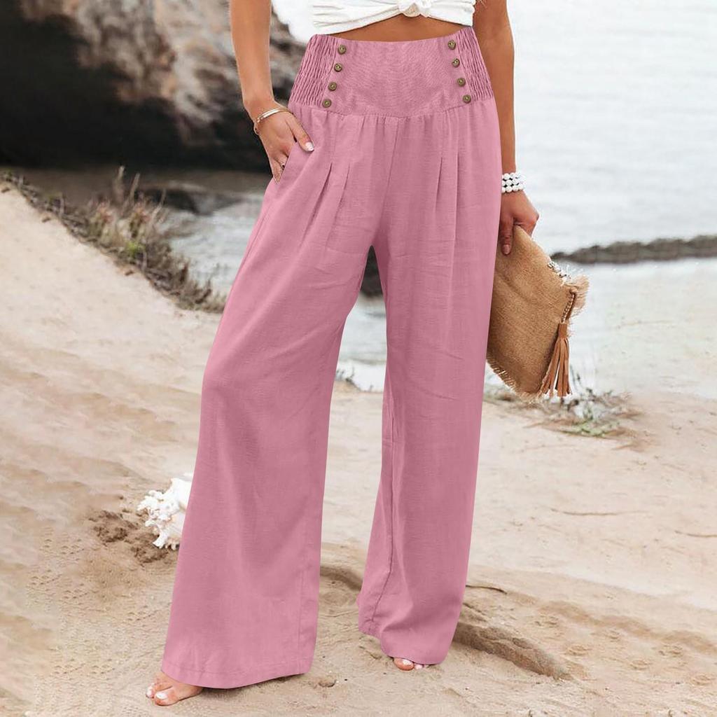 Women's Loose Cotton Linen High Waist Wide Leg Pants - Spring/Summer Casual Elastic Waist