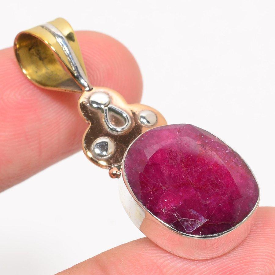 Red Ruby(Simulated) Handmade 925 Sterling Silver Two Tone Pendant 1.75" Z3L82