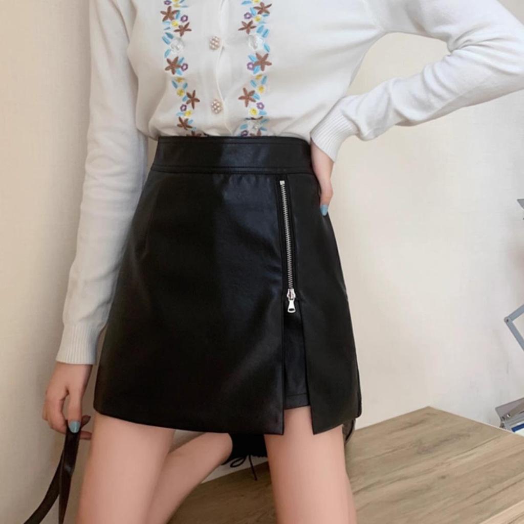 2025 Autumn/Winter Black High-Waisted PU Leather Bodycon Skirt – Women's Slimming A-Line Midi Skirt