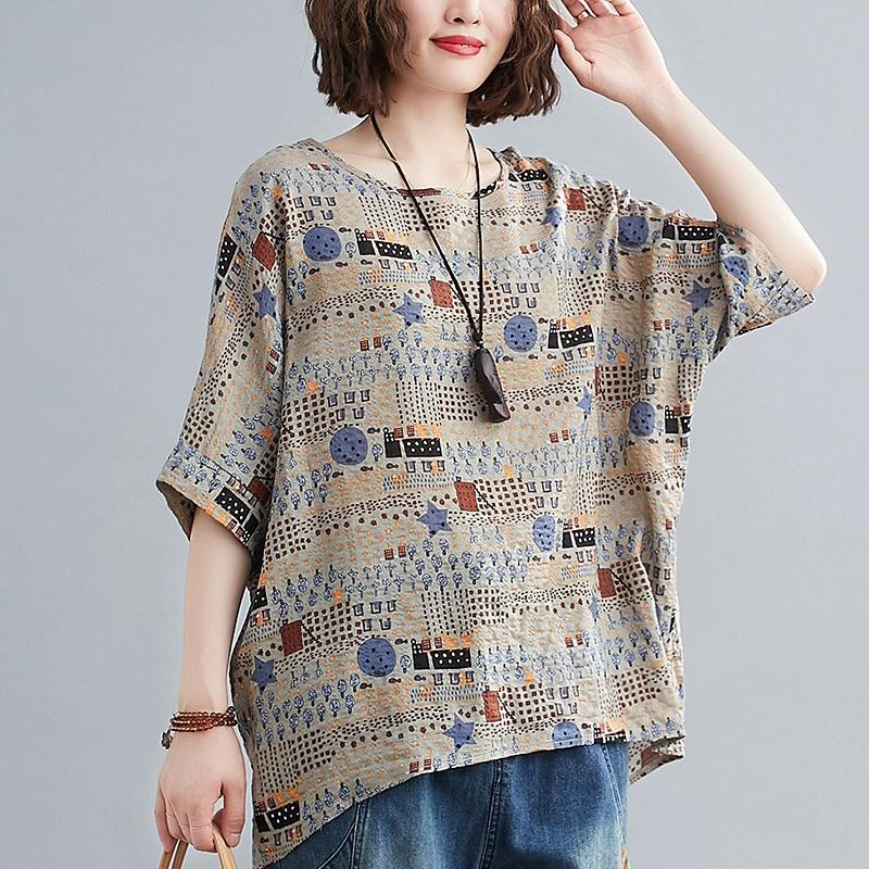 Plus Size Women's Casual Shirt, Floral Print Round Neck Lantern Sleeve Loose Top, Women's Office Casual Top