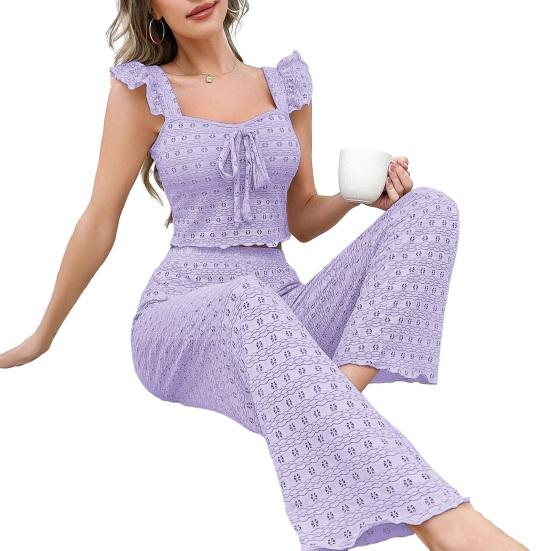 

Women s Eyelet Pajamas Set 2 Piece Ruffle Sleeveless Tank Top And Long Pants Pjs Set Summer Lounge Sleepwear S фиолетовый
