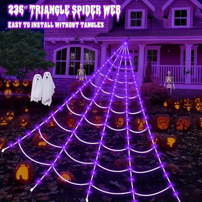 1 x riesiges, 5 m langes Halloween-Spinnennetzlicht mit 250 LED-Lichtern – batteriebetrieben, 8 Lichtmodi für Dekorationsrequisiten im Spukhaus