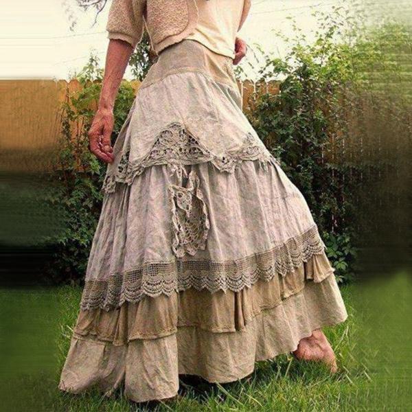 Women's Lace Stitching High Waist Retro Big Swing Bohemian Long Skirt Stitching Lace Big Swing Cake Skirt