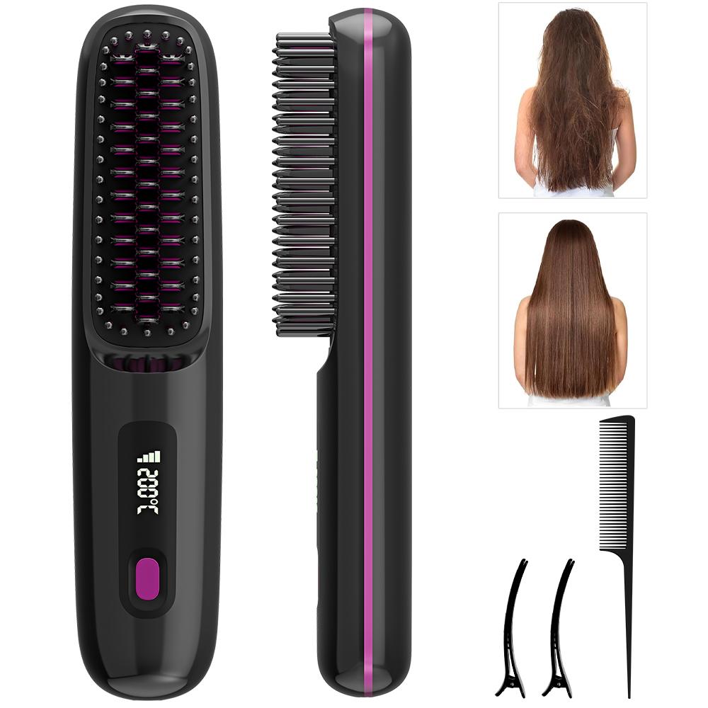 Rechargeable Hair Straightener Brush Ionic Hair Straightener Comb - 3 Temp Settings & Display, Straightening Brush for All Types