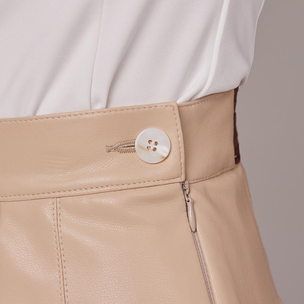 J Jane Wide Pleated Leather Skirt (Beige)