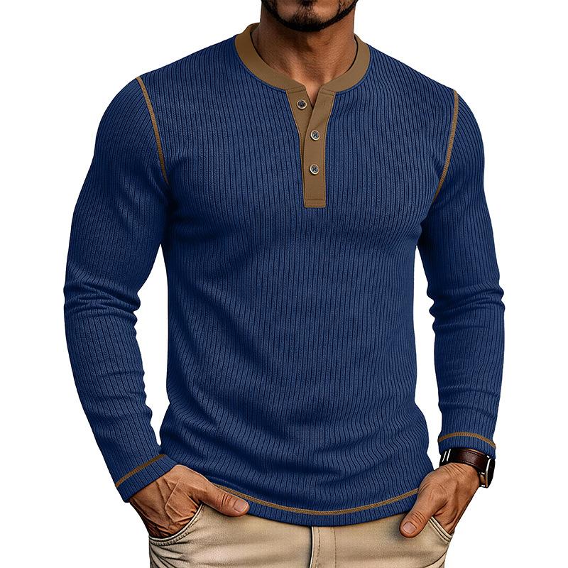 Men's Henry Neck Knit Long Sleeve T-Shirts Color Block Ribbed Casual Slim Fit Pullover Tops Autumn Winter Thermal Undershirts Men
