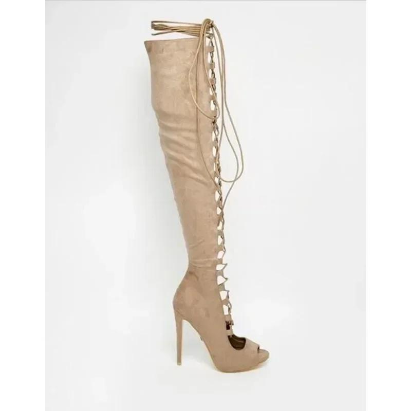 Women Boot Over The Knee Bohemian Strap Sandals Stiletto Sexy Fish Mouth Cross Strap Hollow Out High Quality Women Shoes