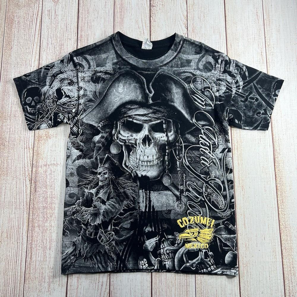 Vintage Y2K Cozumel Mexico Pirate All Over Print T-Shirt Men’s Medium Black Unisex T-Shirt XL