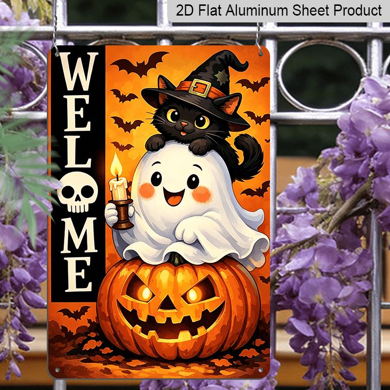 2D Flat, 1pc Halloween Welcome Cartoon Ghost Aluminum Sign, Front Door Welcome Plaque, Farmhouse Entry Wall, Halloween Party Backdrop, Cottage Porch