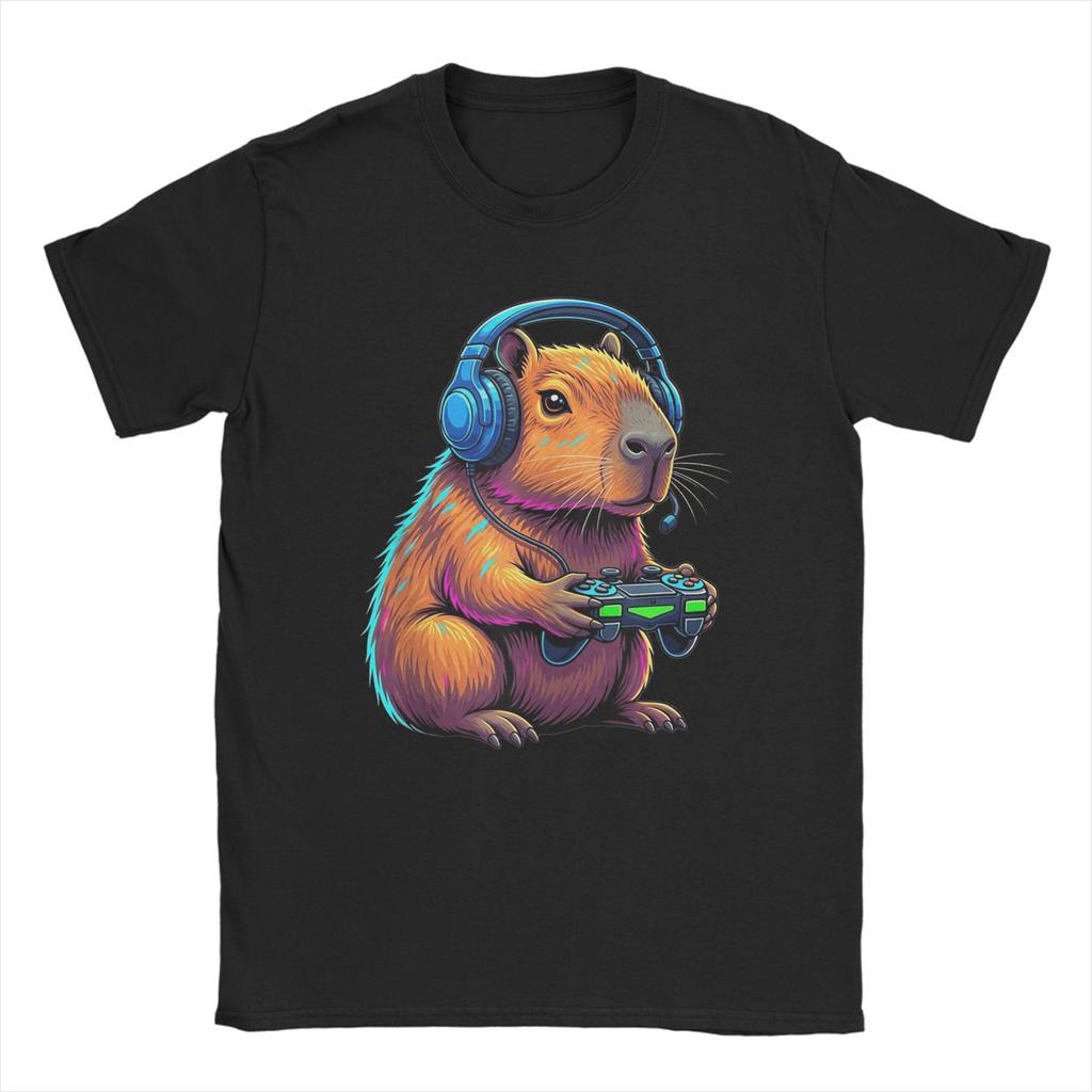 Capybara Gaming Video Game Colorful Capybara Gamer T Shirt Summer  Trending T Shirts Men Pure Cotton O Neck Plus Size Tees