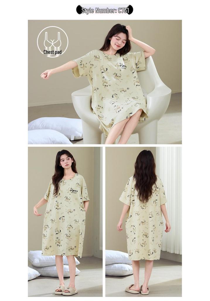 Antibacterial Xinjiang Cotton Nightgown: Women's A-grade Pure Cotton, Chest Pads, Summer Plus Size, Cute Homewear Dress