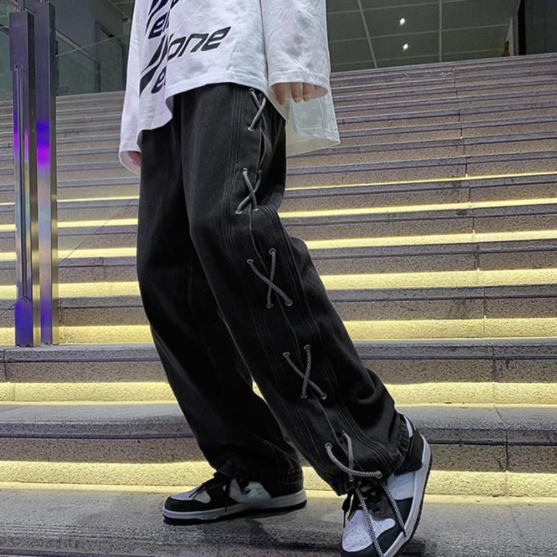 Cross Ribbon Jeans Men's Baggy Denim Pants Y2K Gothic Streetwear Korean Clothing Male Trousers