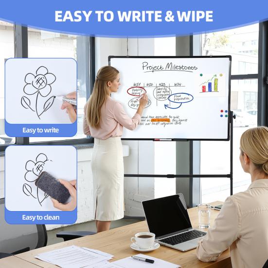 Magnetic Standing Mobile Easel Board Rolling Dry Erase Board, 40 x 28 Inch Large Whiteboard, Height Adjustable Double Sided Style White with Stand for