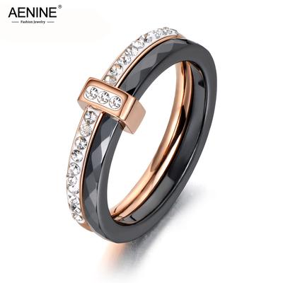 AENINE Fashion Black/White Ceramic Crystal Wedding Rings Jewelry For Women Girls Rose Gold Stainless Steel Bohemia Ring R18054