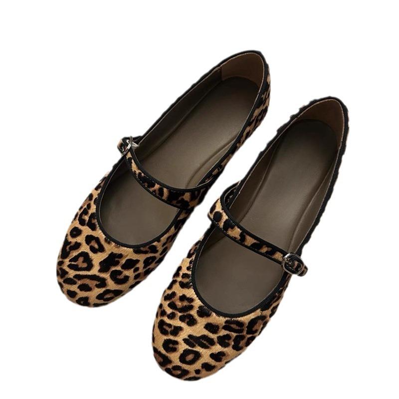 Autumn Super Soft-soled Leopard Print Mary Jane Single Shoes Ballet Flat Shoes One-word Buckle Belt Ladyshoes Outer Wear