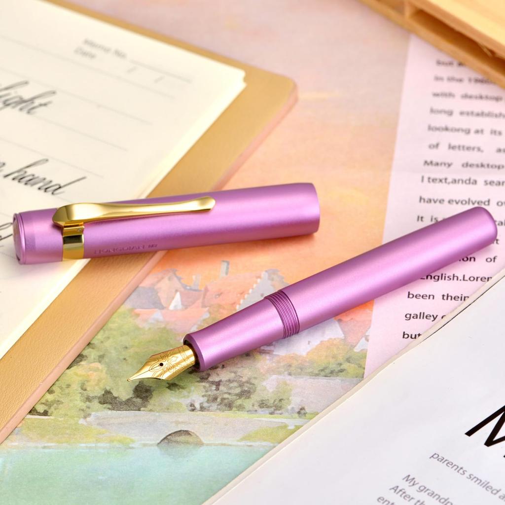 Hongdian M2 Mini Fountain Medium Soft Slim Pocket Travel Pen Pen, Purple, Nib, Nib, Aluminum,