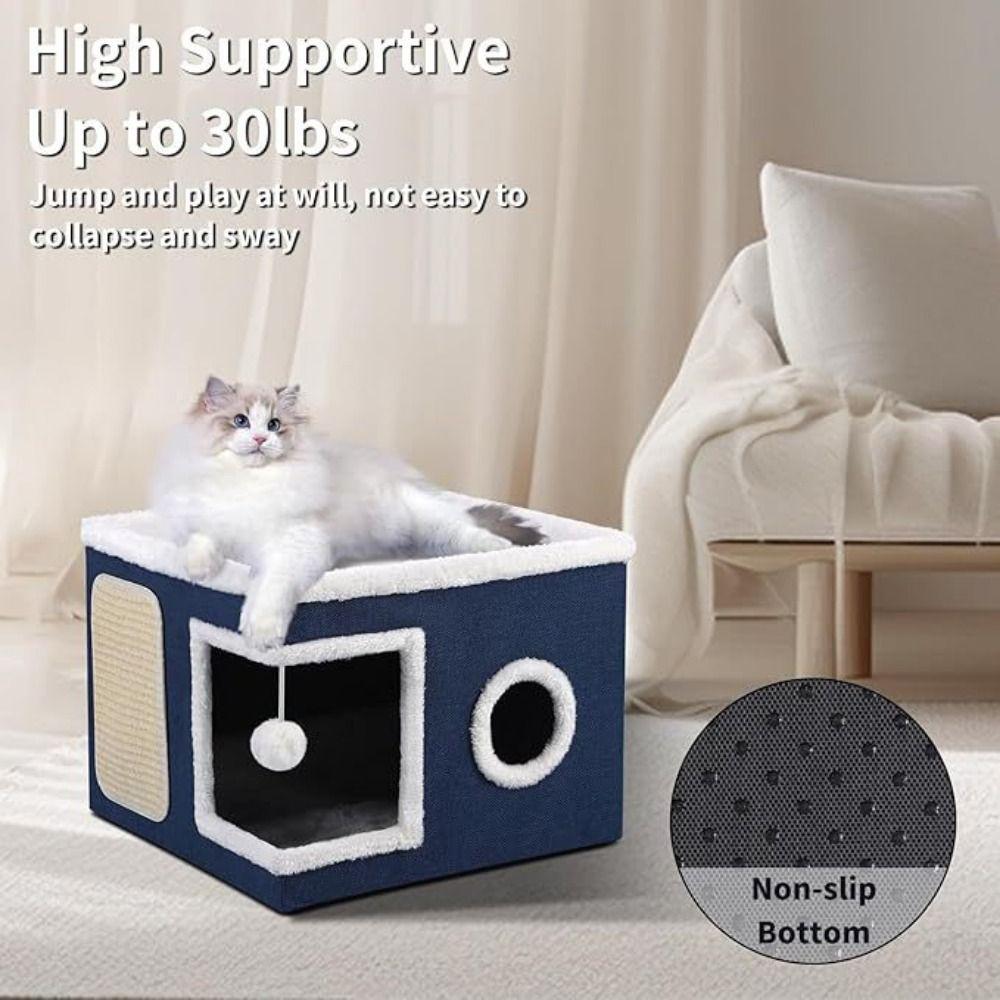 Large Space Foldable Cat House Non-slip Bottom Scratching Post Cat Bed Toy Tunnel Removable Cushion Hanging Ball