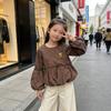 Girl's flower bud sleeve shirt for spring and autumn, loose round neck top for adults