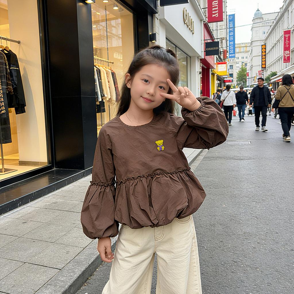 Girl's flower bud sleeve shirt for spring and autumn, loose round neck top for adults