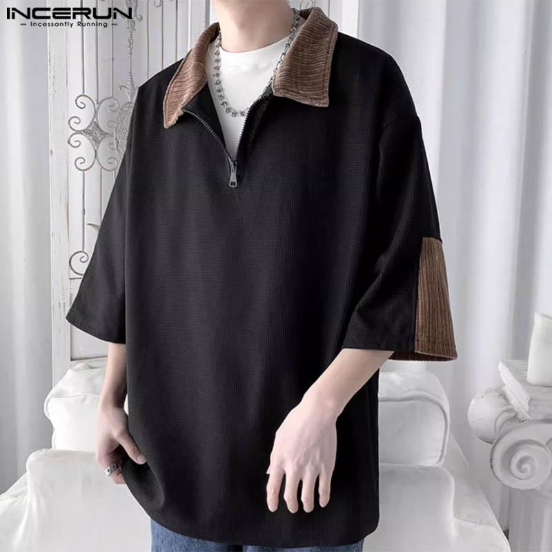 INCERUN Men Oversized Zipper Lapel Half Sleeve Loose Tops Summer Patchwork T-shirts