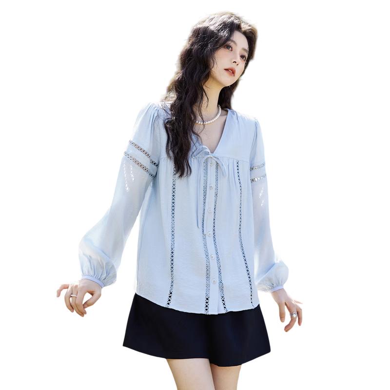 Meixiu French Sweet Hollow-Out V-Neck Blouse S