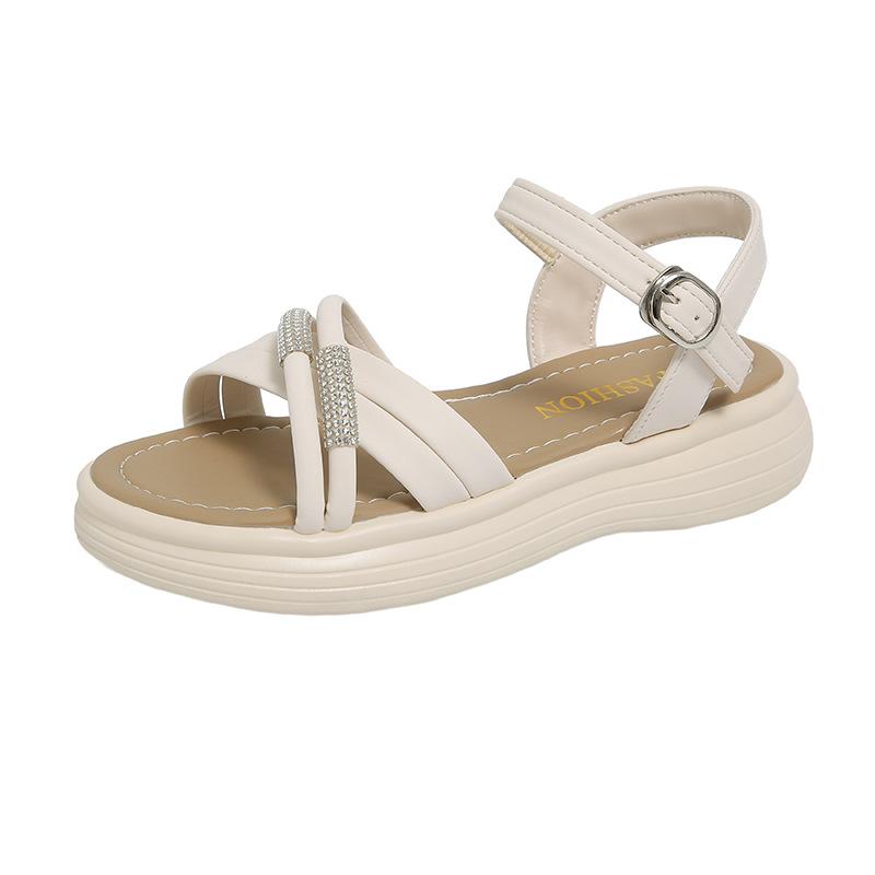 Open-toed Thick-soled Cool Slippers for Women, Summer New Thick-soled Temperament Rhinestone Beach One-word Buckle Sandals for Women
