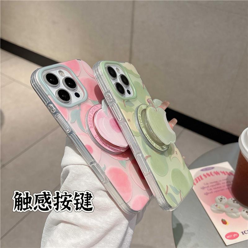 Summer Cute Peach Magnetic Stand Phone Case For iPhone 16 Pro 15 14 13 Pro Max Cover with Magsafe Holder Girp Shockproof Cases