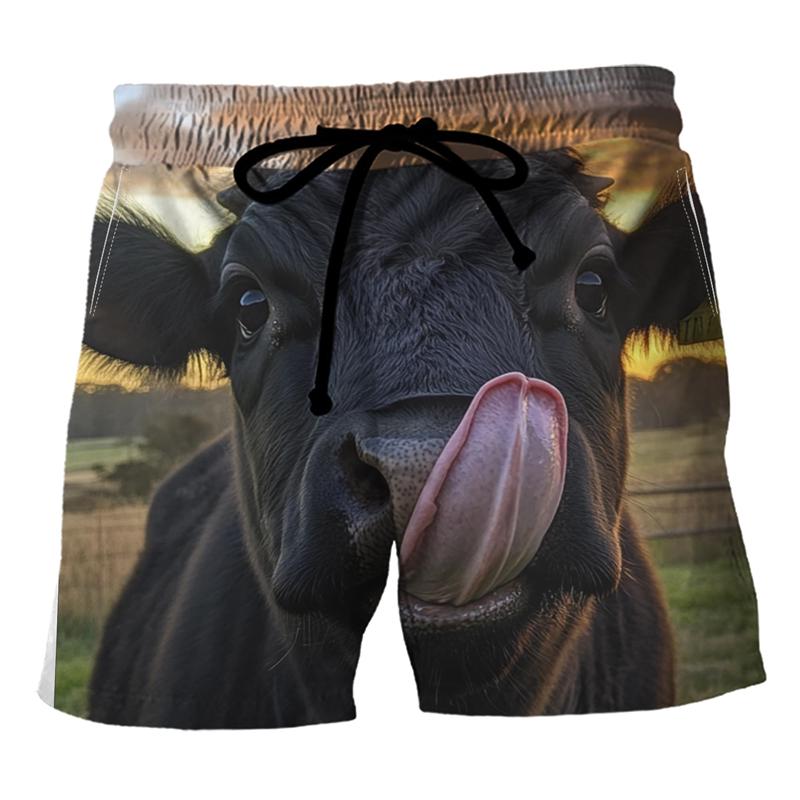 Funny Cows Pattern Beach Shorts Fashion Summer Vacation 3D Animals Printed Mens Board Shorts Casual Breathable Loose Swim Trunks