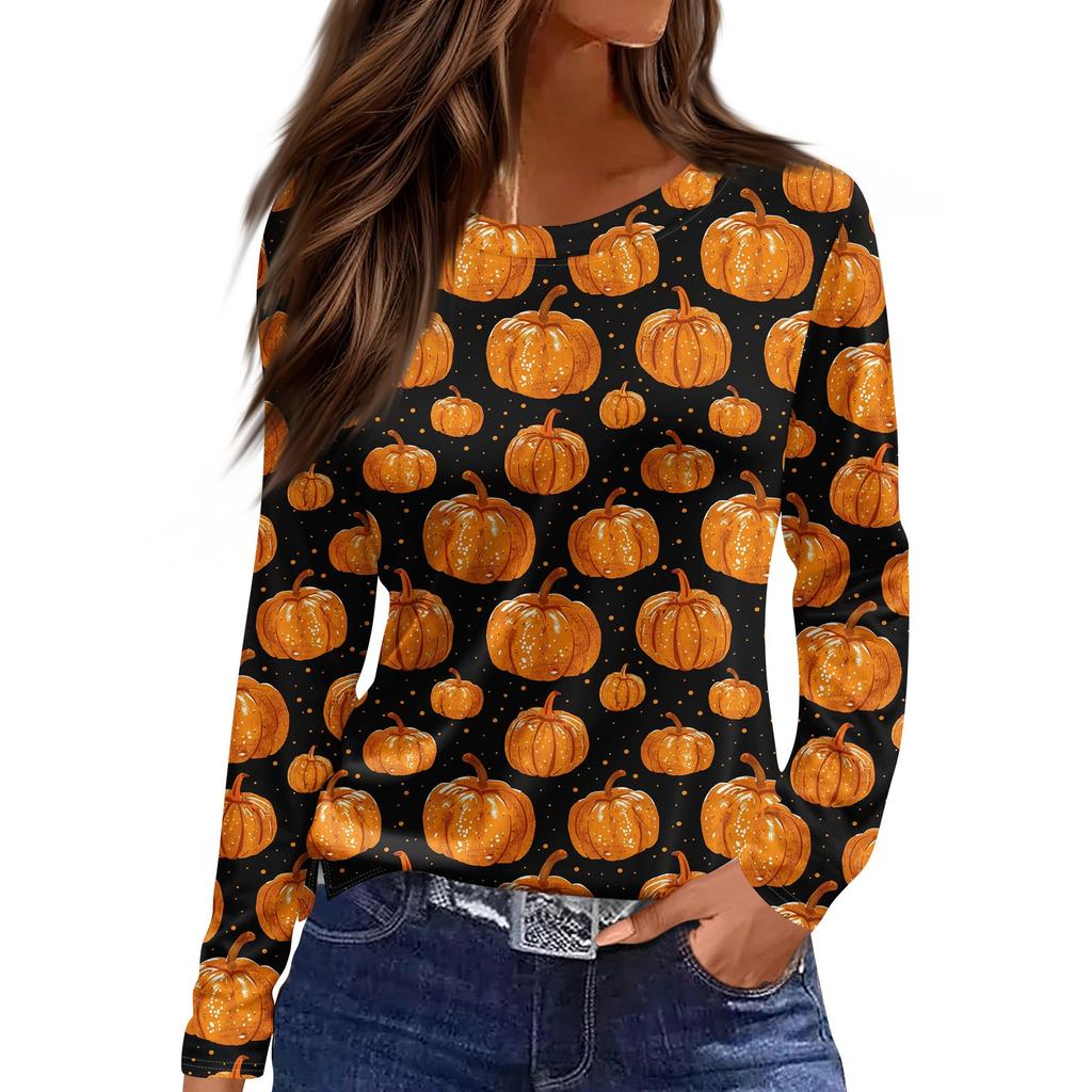 Women's Fashion Hem Slit Casual Halloween Printed Round Neck Long Sleeve Top