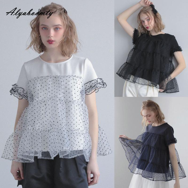 Korean Fashion Summer Women Patchwork Stylish Top O Neck Cotton Polka Dot Mesh Ruffles T-Shirt Short Sleeve Casual Loose Ladies' Tee