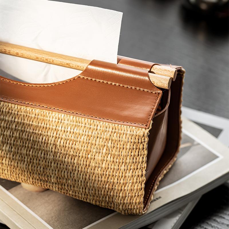 Vintage geflochtene Rattan-Leder-Holzgriff-Taschentuchbox, Schreibtisch-Serviettenhalter für Zuhause Wohnzimmer Eingang
