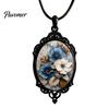 Whimsical Garden Party Accessories Oval Floral Pendant Necklace, Vintage Glass Dome Rose Retro Black Metal Jewelry Adjustable Cord for Women