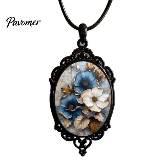 Whimsical Garden Party Accessories Oval Floral Pendant Necklace, Vintage Glass Dome Rose Retro Black Metal Jewelry Adjustable Cord for Women