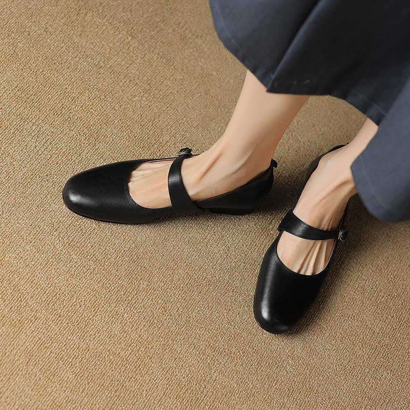 Hovězí kůže s kulatou špičkou tlusté střední podpatky podzimní boty Mary Janes pevné dámské lodičky