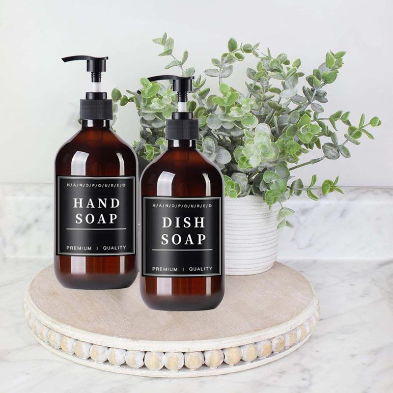 500ML 2 Τεμάχια Κεχριμπαρένι Επαναγεμιζόμενα Μπουκάλια Σαμπουάν και Conditioner Διανομείς Αφρόλουτου Μπουκάλι Σαπουνιού Μπουκάλι Λοσιόν Ντους Δοχείο Υγρού με Ετικέτες