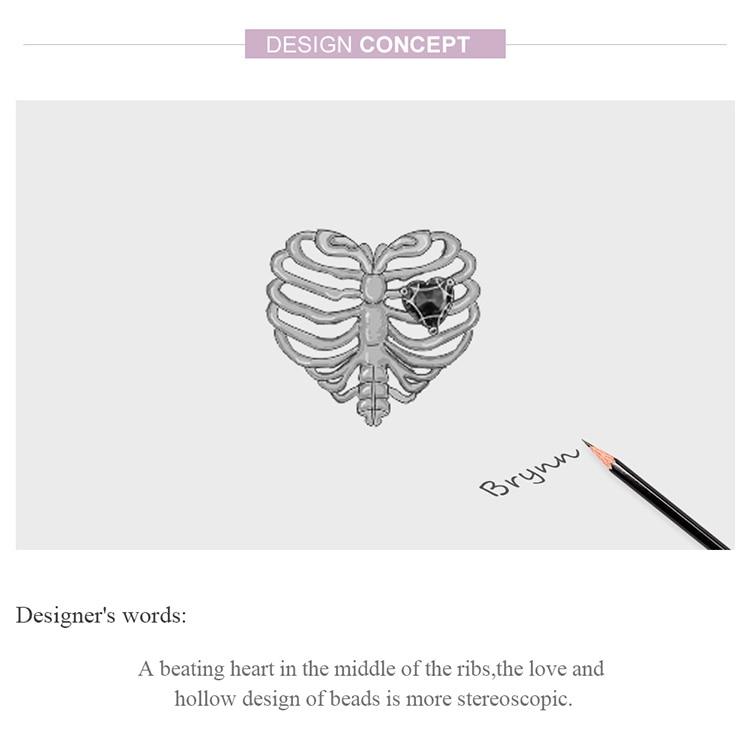 BAMOER 925 Sterling Silver Shine Zircon Red Love Heart Beating Heart Ribs Charm Beads Fit 3mm Bracelets