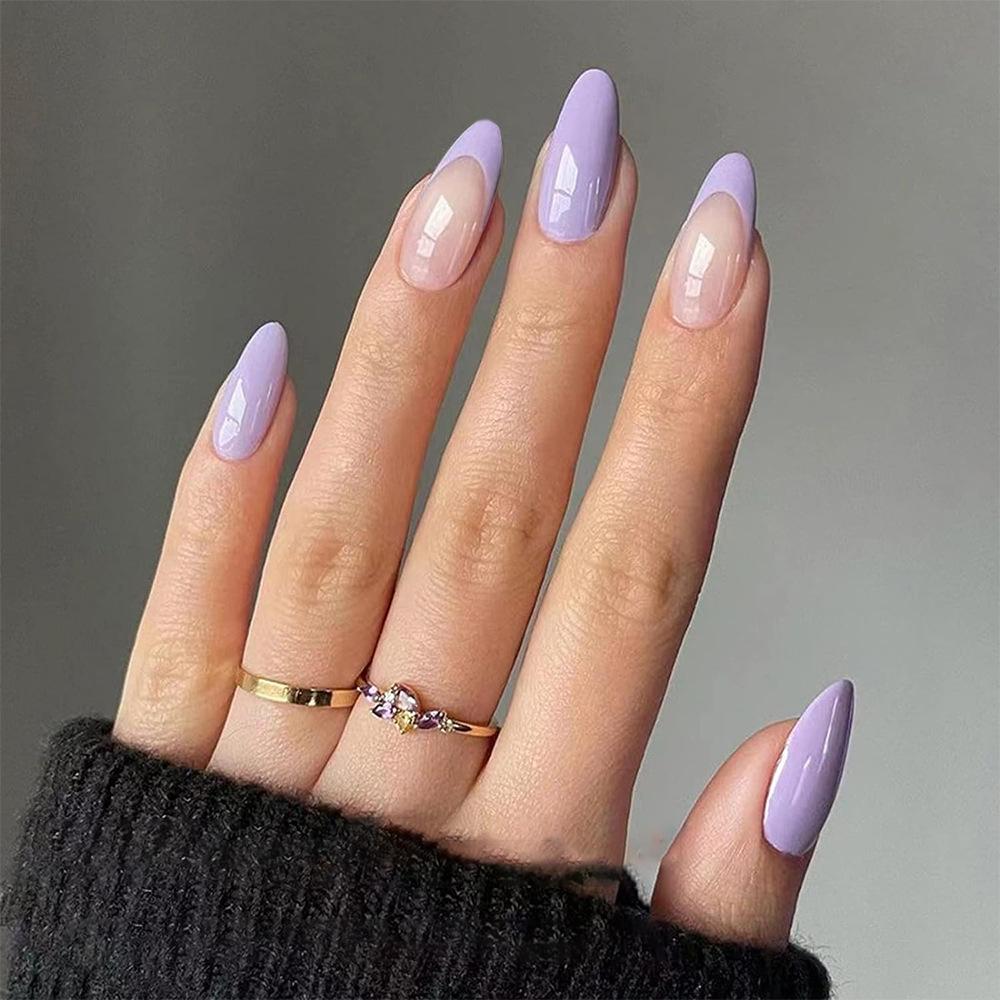24Pcs Long Almond Fake Nails with White Edge Design Wearable French Press On False Nails Simple Full Cover Nail Tips Manicure